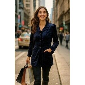 CAbi Entrance Midnight Blue Velvet Long Jacket Style 3489 Buttons Glam Medium